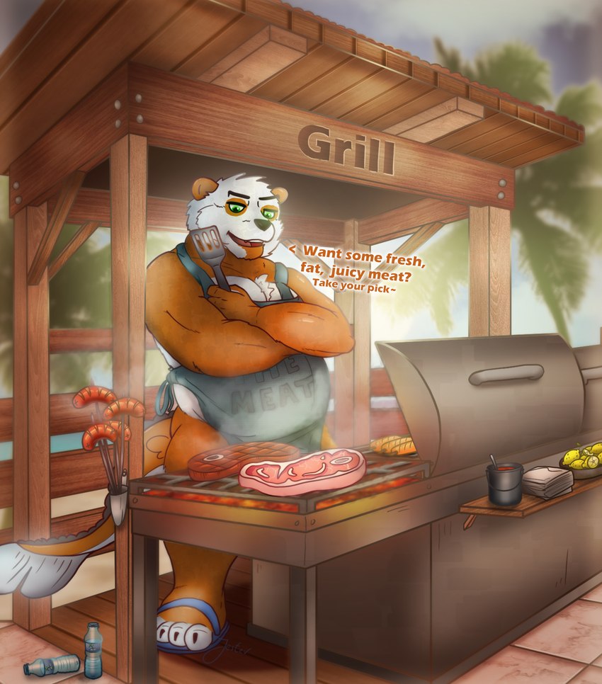 anthro apron beach beef clothing cook crossed_arms feeding fluffy food grill heat_(temperature) looking_at_viewer male meat overweight palm_tree plant sausage seaside smile solo spatula steak steam text tools tree jesterpi_(artist) niko_(nikokoipanda) amur_carp bear carp cyprinid cypriniform fish giant_panda hybrid koi mammal marine typical_carp english_text hi_res