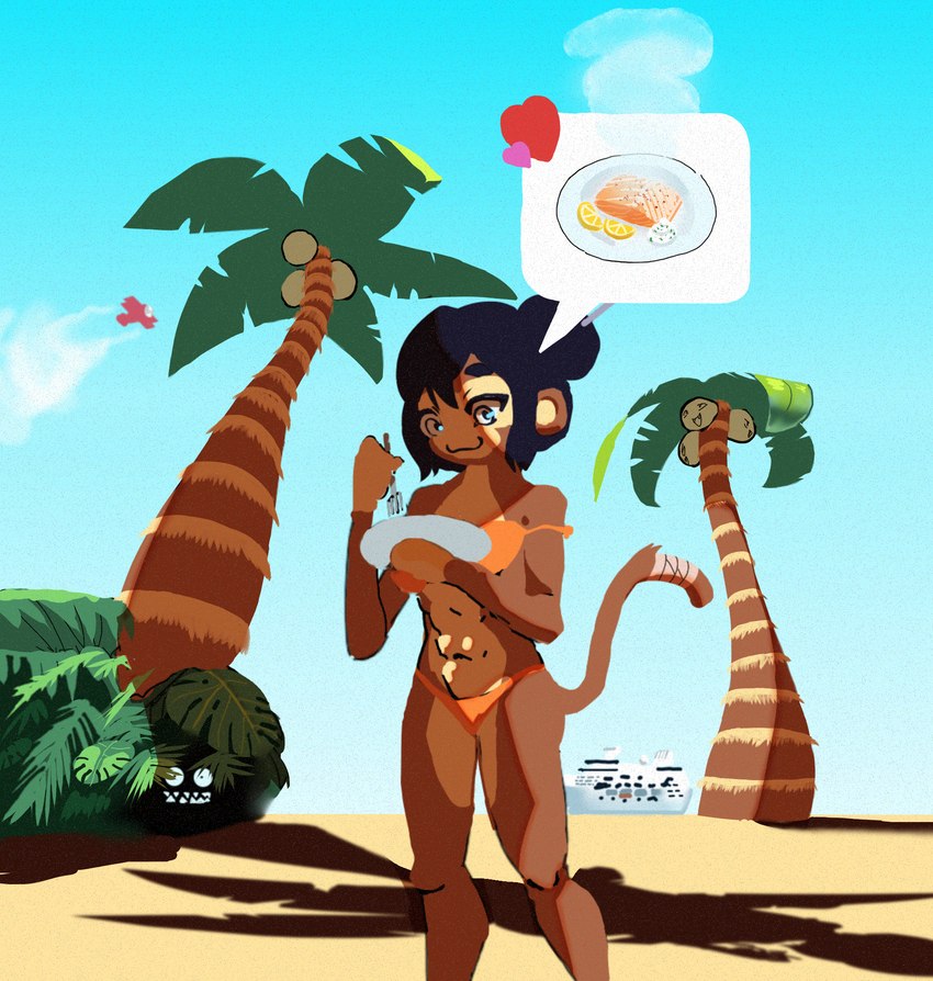 abs aircraft airplane anthro bandage beach bikini clothing coconut cruise_ship cutlery drupe_(fruit) food fork fruit kitchen_utensils merchant_ship monkey_tail palm_leaves palm_tree passenger_ship plant plate seaside ship solo swimwear tail tools tree two-piece_swimsuit vehicle watercraft monkibonk bloons_tower_defense castle_crashers ninja_kiwi nintendo pokemon sauda_(bloons) alolan_exeggutor alolan_form generation_7_pokemon haplorhine mammal monkey pokemon_(species) primate regional_form_(pokemon) troll_(mythology) hi_res