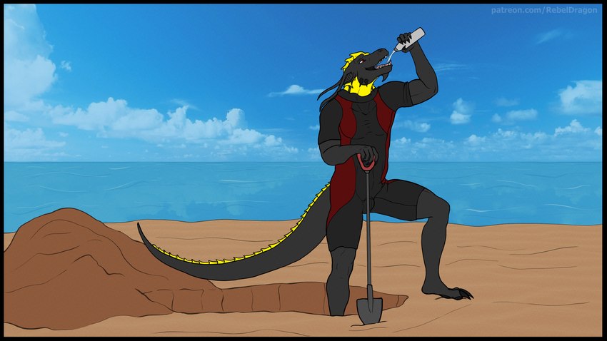 anthro beach black_body black_border black_claws black_scales blue_sky border bottle bulge claws clothing cloud container day drinking fangs feet finger_claws flexing flexing_bicep holding_bottle holding_container holding_object holding_shovel holding_tool hole_(pit) light long_ears looking_up male neoprene open_mouth outside pawpads paws pecs red_eyes sand scales scuba_suit sea shovel sky solo sunlight sunny tail tail_ridge teeth text thick_thighs tight_clothing toe_claws toes tongue tools water water_bottle wetsuit yellow_body yellow_scales rebeldragon101 mythology ernesto_(rebeldragon101) dragon mythological_creature mythological_scalie scalie 16:9 2024 full-length_portrait hi_res portrait url widescreen