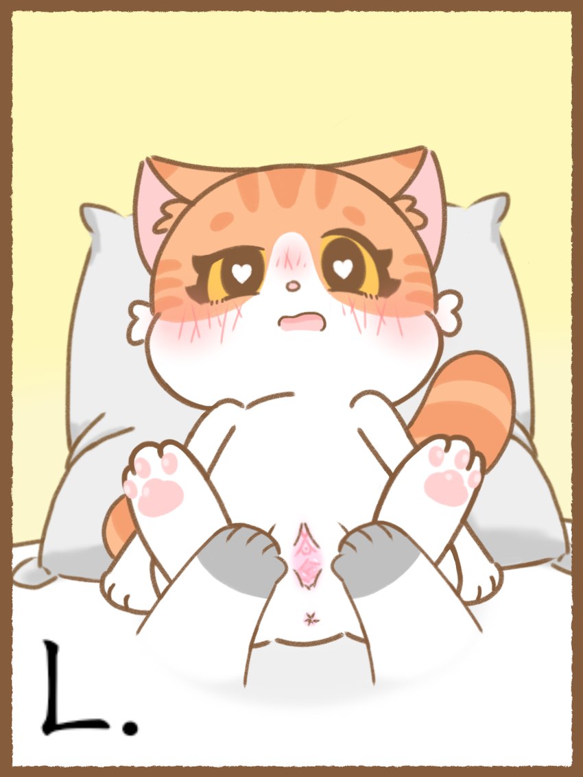 3_toes :3 anthro anus blush bodily_fluids border brown_border closed_smile duo feet female female_anthro front_view genitals heart_eyes heart_symbol hindpaw inside loli looing_at_viewer low-angle_view lying mouth_closed nude nude_anthro nude_female on_bac pawpads paws pillow pin_pawpads presenting pussy reclining semi-anthro shengjin simple_background smile smiling_at_viewer solo_focus spread_legs spreading sweat sweatdrop toes young young_anthro young_female unknown_artist love_for_my_cutie