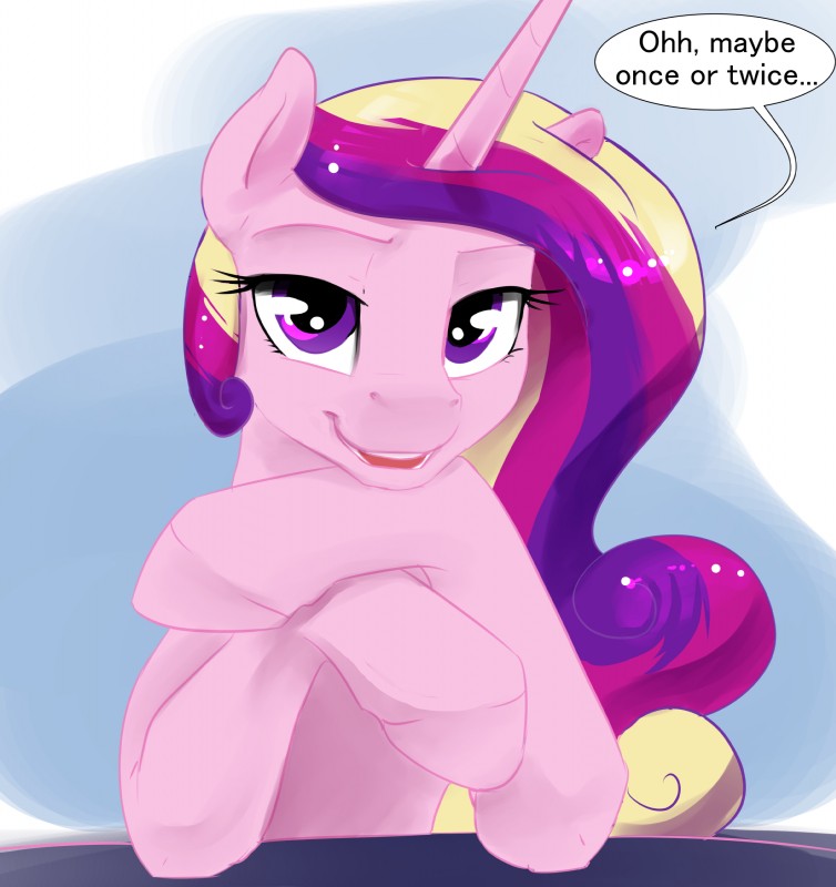 abstract_background crossed_legs dialogue female feral grey_background hair horn looking_at_viewer multicolored_hair purple_eyes simple_background smile solo text silfoe friendship_is_magic hasbro my_little_pony mythology princess_cadance_(mlp) equid equine mammal mythological_creature mythological_equine unicorn 2017 absurd_res english_text hi_res