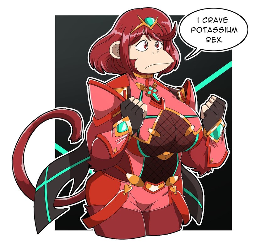 anthro anthrofied big_breasts bottomwear breasts clothing crown female hair headgear hotpants red_bottomwear red_clothing red_hair red_shorts shorts solo speech_bubble tiara inkykinks nintendo xenoblade_(series) xenoblade_chronicles_2 pyra_(xenoblade) ape chimpanzee haplorhine mammal pan_(genus) primate hi_res