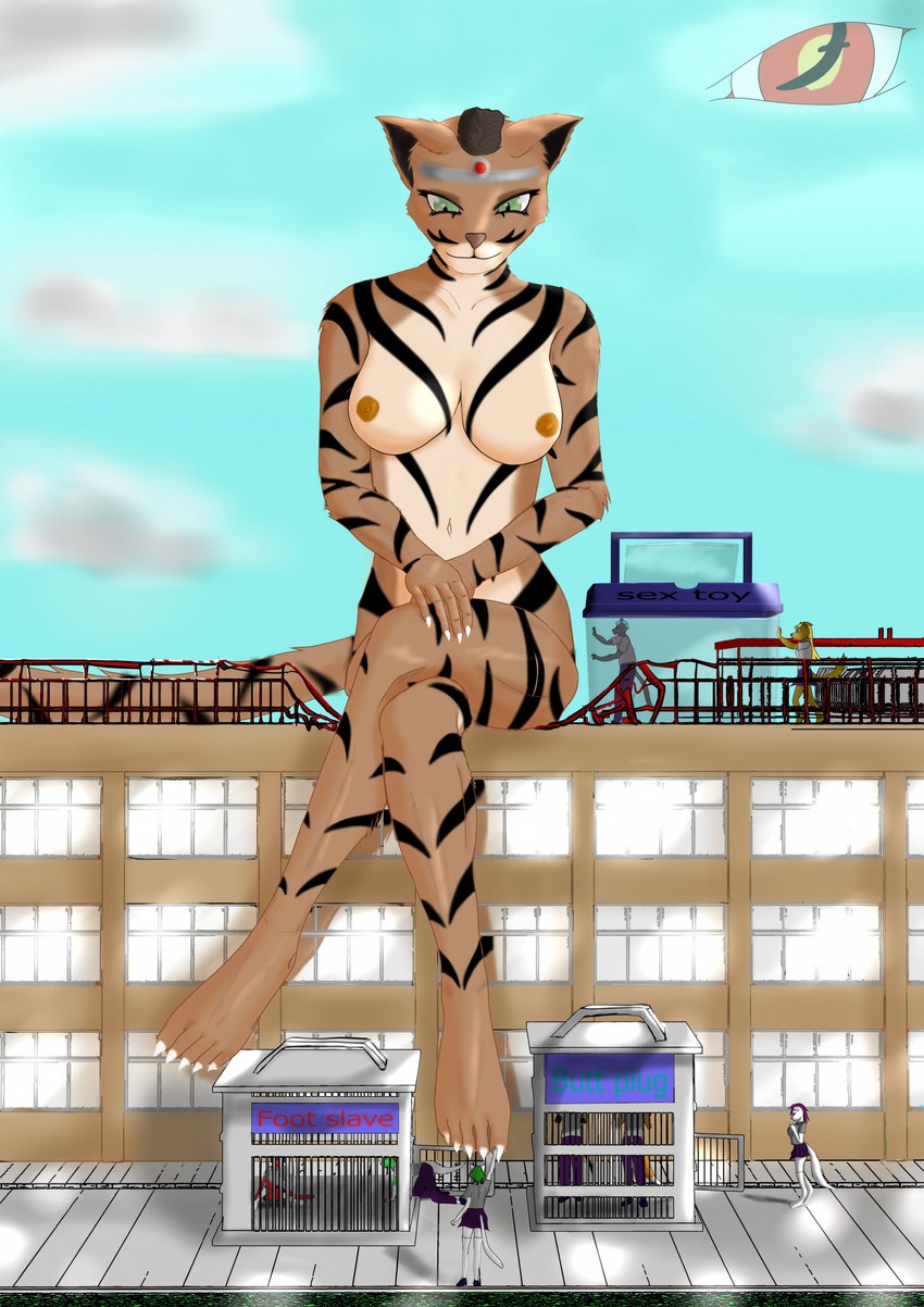 anthro breasts building cage clothing crawl crossed_legs extreme_size_difference female green_eyes group macro male micro nipples nude school_uniform sitting size_difference smile uniform blackreaper_bk201 microsoft the_elder_scrolls felid humanoid khajiit mammal hi_res