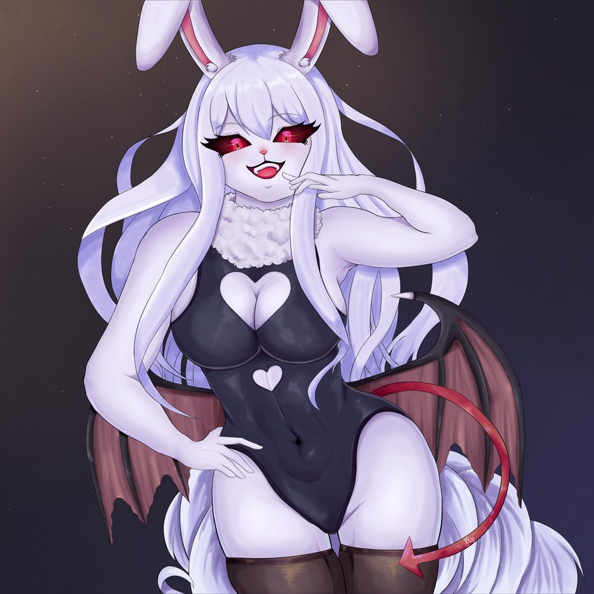 anthro black_sclera bottomwear clothing female fur hair leotard membrane_(anatomy) membranous_wings neck_tuft red_eyes solo spade_tail succubus_costume tail topwear tuft white_body white_fur white_hair wings klopsiak one_piece carrot_(one_piece) sulong_carrot lagomorph leporid mammal minkmen_(one_piece) rabbit 1:1 absurd_res hi_res