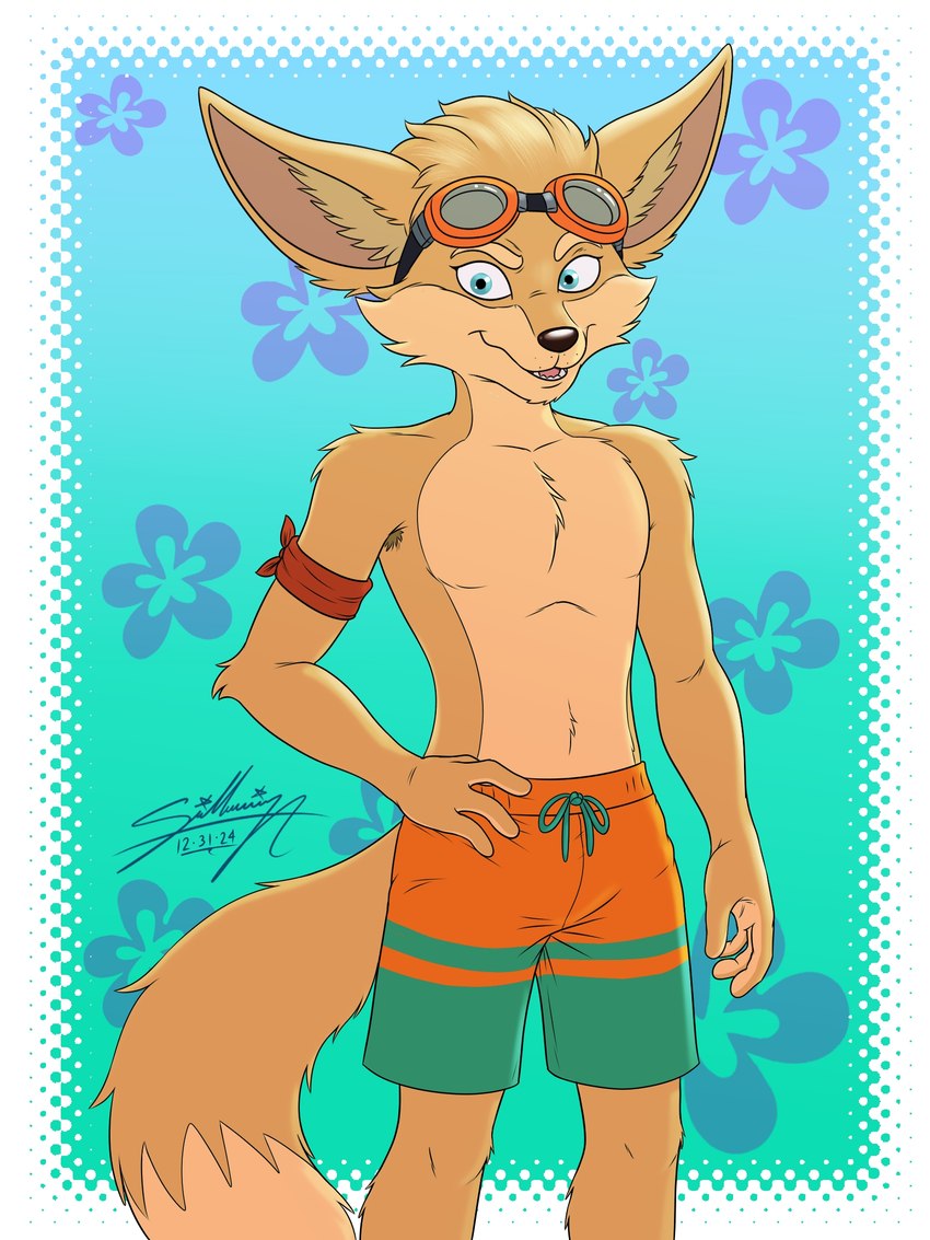 anthro armband armpit_hair blue_eyes body_hair brown_body brown_fur champion clothing cocky_smile concept eyewear eyewear_on_head floral_background fluffy fluffy_tail fur goggles goggles_on_head hand_on_hip healer looking_at_viewer male model orange_clothing pose shirtless_male solo summer swimming_trunks swimwear tail turquoise_background yellow_body yellow_fur sagadreams hi-rez_studios paladins_(game) pip_(paladins) canid canine fennec_fox fox mammal true_fox 2024 3:4 hi_res portrait signature