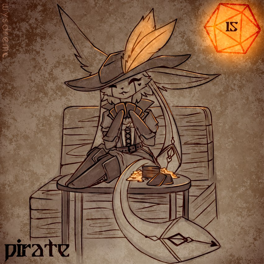 ambiguous_gender anthro boots card clothing d20 dice eyes_closed feathers footwear furniture gold_(metal) hat hat_feather headgear headwear heart_(marking) holidays long_ears loose_feather markings on_table one_ear_up orange_body orange_feathers pirate pirate_hat shoes sitting sitting_on_table smile solo table wood wood_furniture wood_table wysdrem halloween mammal unknown_species 1:1 hi_res