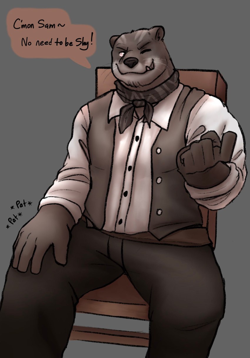 anthro beckoning bottomwear clothed clothing confident dialogue finger_curl flirting fully_clothed gesture male necktie patting_lap sitting solo sound_effects text topwear vest cookiedoh2 echo_(series) echo_project the_smoke_room todd_bronson mammal mustelid otter hi_res