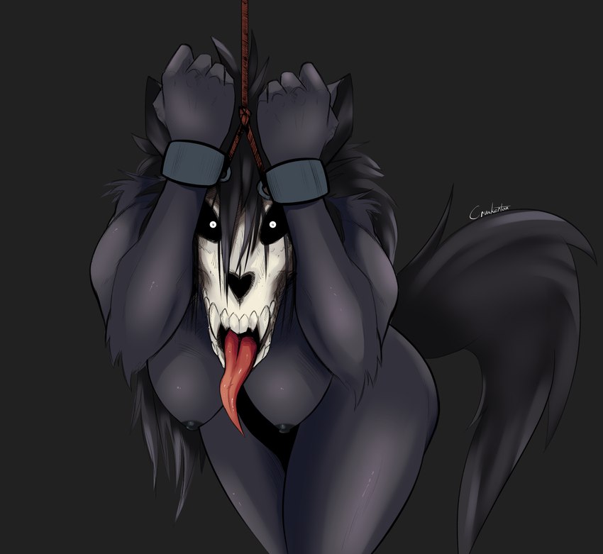 anthro areola big_breasts black_areola black_background black_body black_fur black_hair black_nipples black_sclera black_tail bone bound breasts cuff_(restraint) female fur hair long_hair long_tongue looking_at_viewer nipples nude restraints rope simple_background skull skull_head solo tail tongue tongue_out white_eyes crunkerton scp_foundation scp-1471-a canid canine malo mammal 2024 absurd_res artist_name hi_res