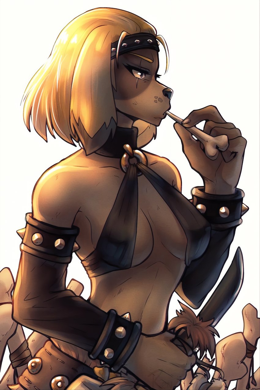 anthro breasts brown_body brown_fur cleavage clothed clothing dagger female fingers fur holding_knife holding_melee_weapon holding_object holding_weapon knife melee_weapon solo weapon adannaouelle ankama dofus wakfu canid canine mammal ouginak 2024 2:3 digital_media_(artwork) hi_res