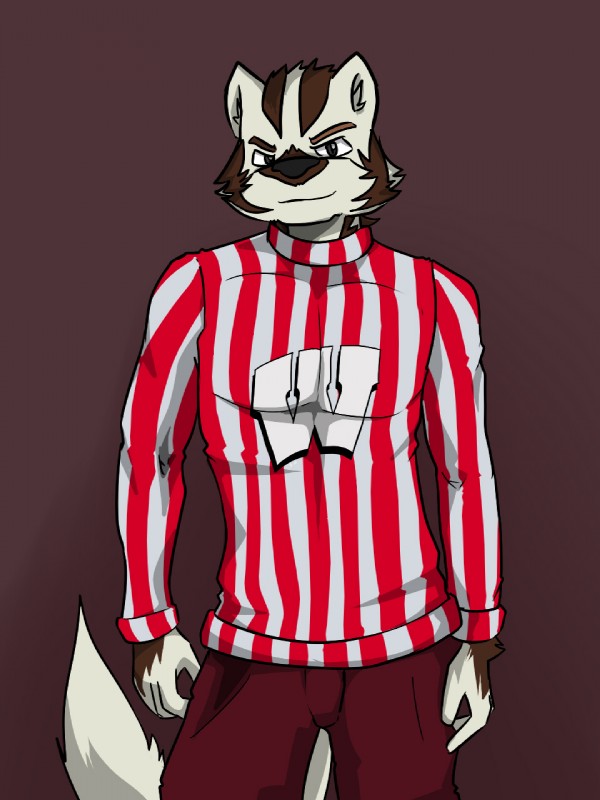 american_football anthro basketball black_body black_fur clothed clothing fully_clothed fur looking_at_viewer male mascot pattern_clothing pattern_shirt pattern_topwear red_background shirt simple_background solo sport striped_body striped_clothing striped_fur striped_shirt striped_topwear stripes topwear white_body white_fur wisconsin arrwulf college_football ncaa university_of_wisconsin wisconsin_badgers bucky_badger badger mammal mustelid musteline 3:4 hi_res