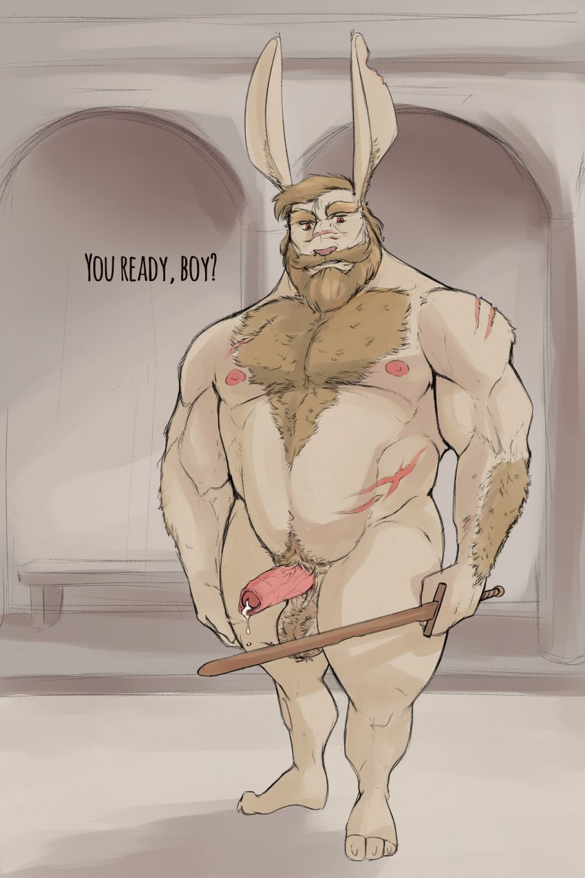 abdominal_scar abs anthro archway arm_hair balls beard bench biceps bodily_fluids body_hair chest_hair deltoids dialogue dripping erection facial_hair facial_scar feet forearm_hair forearms foreskin genital_fluids genitals hairy_balls happy_trail holding_melee_weapon holding_object holding_sword holding_weapon humanoid_genitalia humanoid_penis looking_at_viewer male manly mature_male melee_weapon musclegut muscular muscular_arms muscular_legs muscular_male mustache nipples nude pecs penis practice_sword precum precum_drip pubes scar shoulder_scar solo standing sword text trainer triceps vein veiny_penis weapon hyponova lagomorph leporid mammal rabbit 2022 english_text hi_res