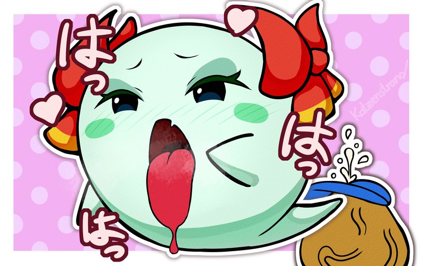 accessory ahegao baseball_cap blush blush_lines bow_ribbon clothing duo female ghost_tail green_body hair_accessory hair_bow hair_ribbon hat headgear headwear looking_pleasured not_furry open_mouth pattern_background pointing_at_mouth ribbons simple_background text tongue tongue_out katzenstrand mario_bros nintendo paper_mario goombario lady_bow boo_(mario) ghost goomba spirit hi_res japanese_text