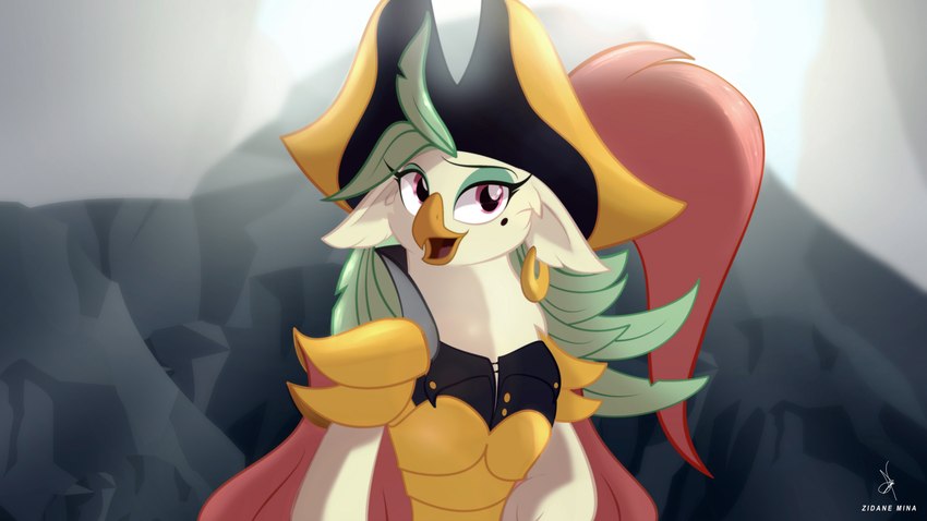 anthro armor clothing eyeshadow female green_eyeshadow green_hair hair hat headgear headwear makeup markings mole_(marking) red_eyes shoulder_guards solo zidanemina friendship_is_magic hasbro my_little_pony my_little_pony:_the_movie_(2017) captain_celaeno_(mlp) avian bird parrot 16:9 4k absurd_res hi_res widescreen