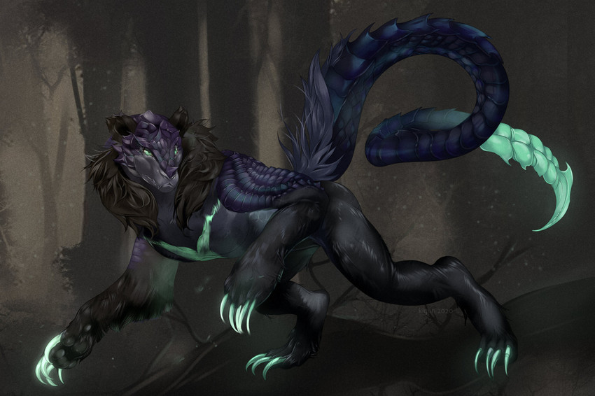 feral green_eyes male purple_body purple_scales scales kiguri hybrid mammal 2020 digital_media_(artwork)