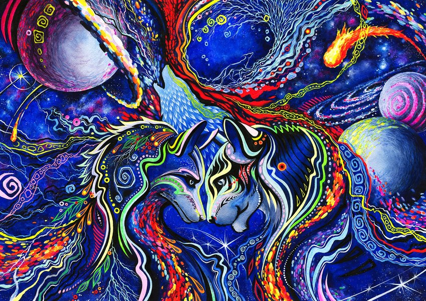 abstract_art abstract_background anthro asteroid blue_eyes cosmic_background duo galaxy leaf male meteor planet plant psychedelic space spiral star surrealism elkir bovid canid canine canis caprine domestic_dog felid husky mammal nordic_sled_dog pantherine sheep spitz tiger wolf 2022 colorful_theme hi_res painting_(artwork) traditional_media_(artwork) wallpaper watercolor_(artwork)