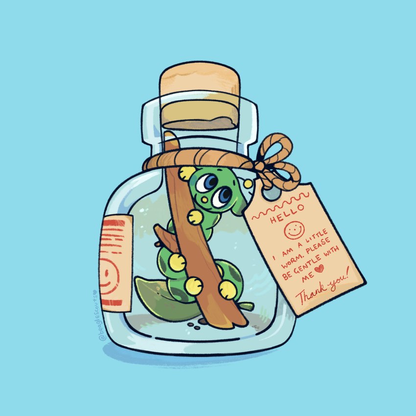 ambiguous_gender antennae_(anatomy) blue_eyes bottle container feral green_body larva leaf smile solo text beaglescouts arthropod caterpillar insect 1:1 english_text hi_res