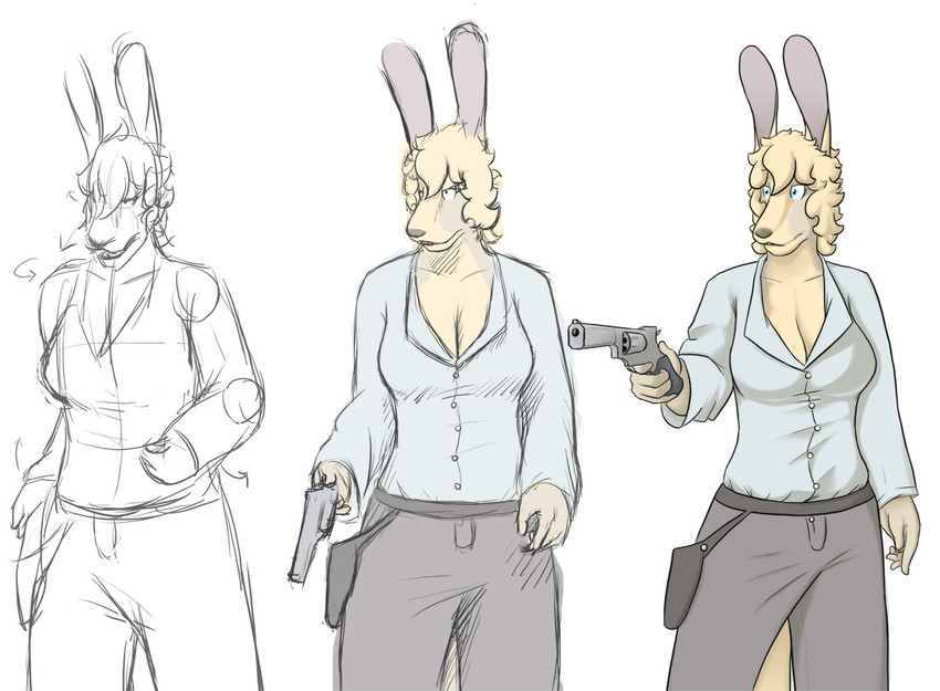 anthro big_breasts biped blonde_hair blue_clothing blue_eyes blue_shirt blue_topwear bottomwear breasts brown_nose cleavage clothed clothing directional_arrow dress_shirt female fur grey_bottomwear grey_clothing grey_pants gun hair holding_gun holding_object holding_ranged_weapon holding_weapon holster pants ranged_weapon return_arrow shirt simple_background solo topwear weapon white_background yellow_body yellow_fur ritts frank_westerveldt kangaroo macropod mammal marsupial 2008 sketch