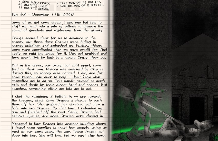 anthro battle blood bodily_fluids book corpse death desert destroyed_building destruction diary dim_lighting female fight gun inventory journal lying male night on_back outside paper post-apocalyptic profanity ranged_weapon sand shotgun survival text weapon wounded from_the_archives dracca felid feline hybrid lizard mammal reptile scalie undead english_text hi_res sketch spot_color story