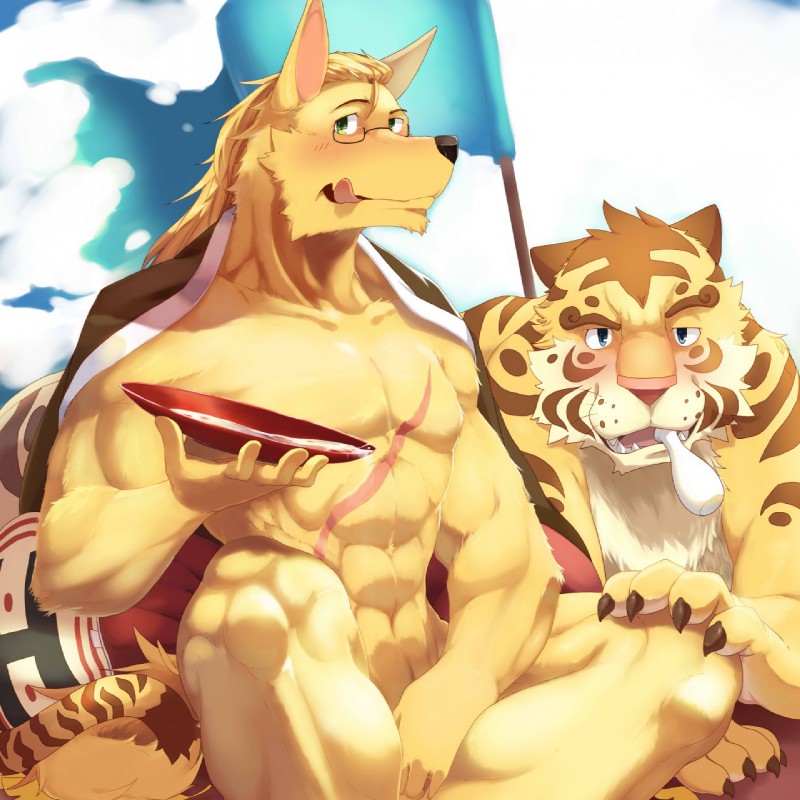 abs anthro athletic biceps big_muscles blush bone duo eyewear flag fur glasses interspecies looking_at_viewer male male/male muscular muscular_male nude pecs plate pose scar sitting tongue tkfkd5362 undertaker hazardbarzard haz canid canine canis felid mammal pantherine tiger wolf 1:1 2013 hi_res