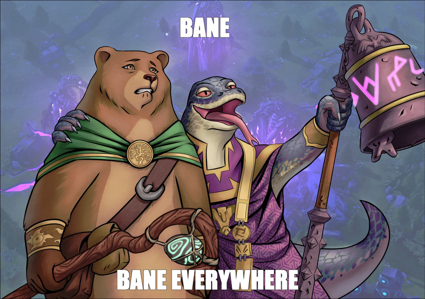 anthro arm_around_shoulders bell bodily_fluids cloak clothed clothing drooling duo female fur male open_mouth saliva scales staff tongue tongue_out andrew_gostevanos armello league_of_geeks sana_(armello) volodar bear komodo_dragon lizard mammal monitor_lizard reptile scalie hi_res meme