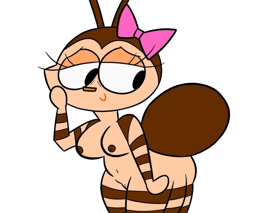 antennae_(anatomy) anthro arthropod_abdomen black_eyes bow_ribbon breasts brown_body brown_nipples eyelashes female genitals multi_limb navel nipples nude pussy simple_background smile solo white_background jdone boogie_bugs na-na_(boogie_bugs) arachnid arthropod insect spider 2025 digital_media_(artwork) hi_res