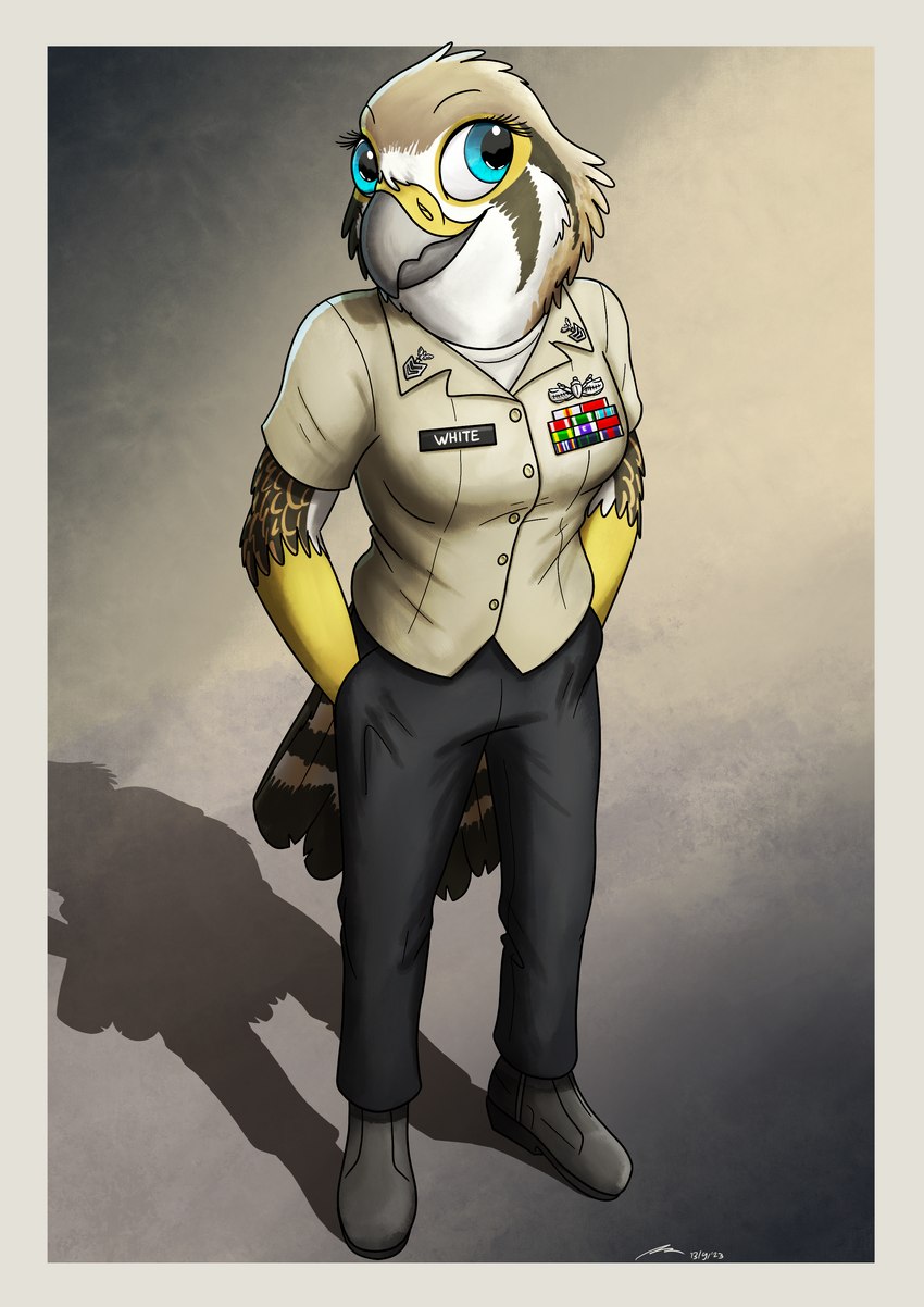 border bottomwear clothing dress_shirt female military_uniform pants shirt topwear uniform yellow_border fish_birb u.s._navy evy_(fish_birb) american_kestrel avian bird falcon falconid kestrel absurd_res hi_res