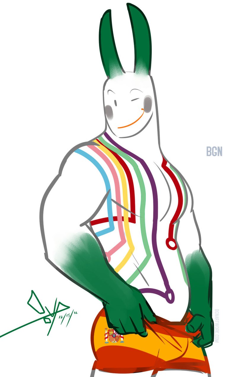 anthro bottomwear bottomwear_pull bulge cheek_markings clothed clothing clothing_pull dot_eyes eyebrows facial_markings flag_bottomwear flag_clothing gloves_(marking) green_body green_ears grey_eyebrows head_markings male markings not_furry one_eye_closed pecs simple_background simple_eyes solo spanish_flag standing striped_body stripes topless topless_anthro topless_male white_background white_body wink bgn bussi mascot_(species) unknown_species 2022 dated digital_drawing_(artwork) digital_media_(artwork) flat_colors half-length_portrait hi_res portrait signature
