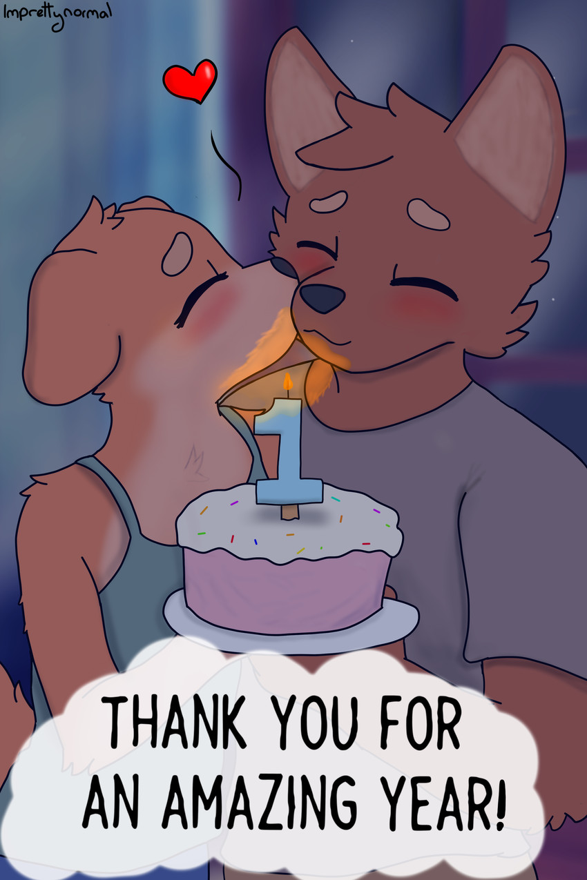 anniversary anthro blush cake candle clothed clothing dessert duo eyes_closed female fire food fur heart_symbol kissing_cheek male male/female night simple_background smile text young young_anthro imprettynormai erin_(imprettynormai) sam_(imprettynormai) canid canine mammal 2:3 absurd_res english_text hi_res brother_(lore) brother_and_sister_(lore) incest_(lore) sibling_(lore) sister_(lore)
