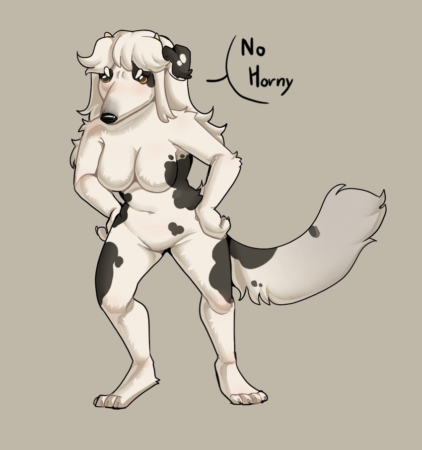 anthro big_breasts biped breasts claws female fluffy fluffy_tail fur hair hand_on_hip horn long_snout markings navel no_horny simple_background snout solo spots spotted_body spotted_fur standing tail text tuft white_body white_fur white_hair yellow_eyes nakkies oxana_(cowface) borzoi bovid bovine canid canine canis cattle domestic_dog hunting_dog hybrid mammal sighthound english_text hi_res