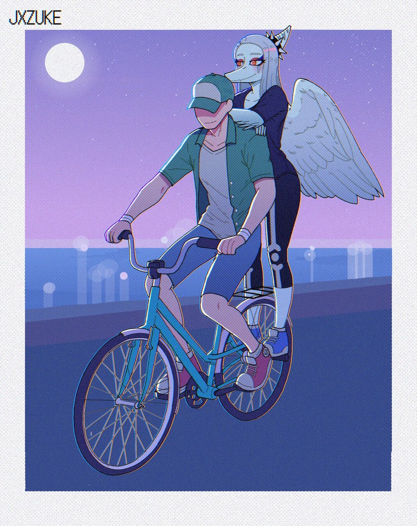 amber_eyes anthro bald bicycle border bottomwear clothing duo elbow_feathers eyelashes eyeliner feathered_wings feathers female fingers footwear grey_body grey_hair grey_scales hair jacket light-skinned_male light_body light_skin makeup male male/female moon night riding_bike scales shoes shorts simple_background smile sneakers snout topwear vehicle white_border wings jxzuke cavemanon_studios goodbye_volcano_high snoot_game anon_(snoot_game) fang_(gvh) dinosaur human mammal prehistoric_species pterodactylus pterosaur reptile scalie 2023 artist_name digital_drawing_(artwork) digital_media_(artwork) hi_res watermark