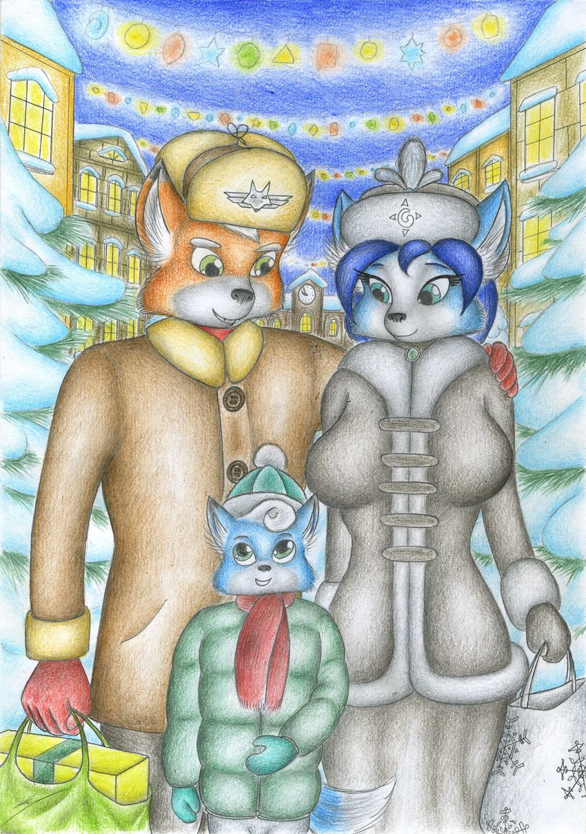 anthro black_nose blue_body blue_fur blue_hair breasts clothed clothing coat family female fur group hair handwear hat headgear headwear male male/female mittens orange_body orange_fur plant scarf smile snow standing topwear tree trio white_hair sinaherib nintendo star_fox fox_mccloud krystal_(star_fox) marcus_mccloud canid canine fox mammal 2024 absurd_res hi_res traditional_media_(artwork) father_(lore) father_and_child_(lore) father_and_son_(lore) mother_(lore) mother_and_child_(lore) mother_and_son_(lore) parent_(lore) parent_and_child_(lore) parent_and_son_(lore) son_(lore)