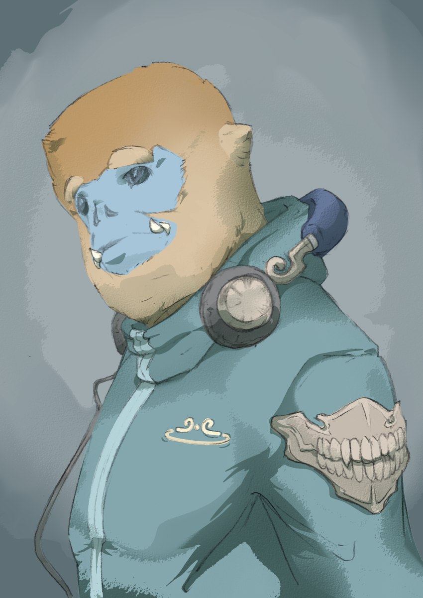 anthro blue_body blue_skin clothing electronics fangs fur green_clothing green_hoodie green_topwear headphones hoodie male orange_body orange_fur simple_background solo teeth topwear 9x9 golden_snub-nosed_monkey haplorhine mammal monkey old_world_monkey primate snub-nosed_monkey hi_res