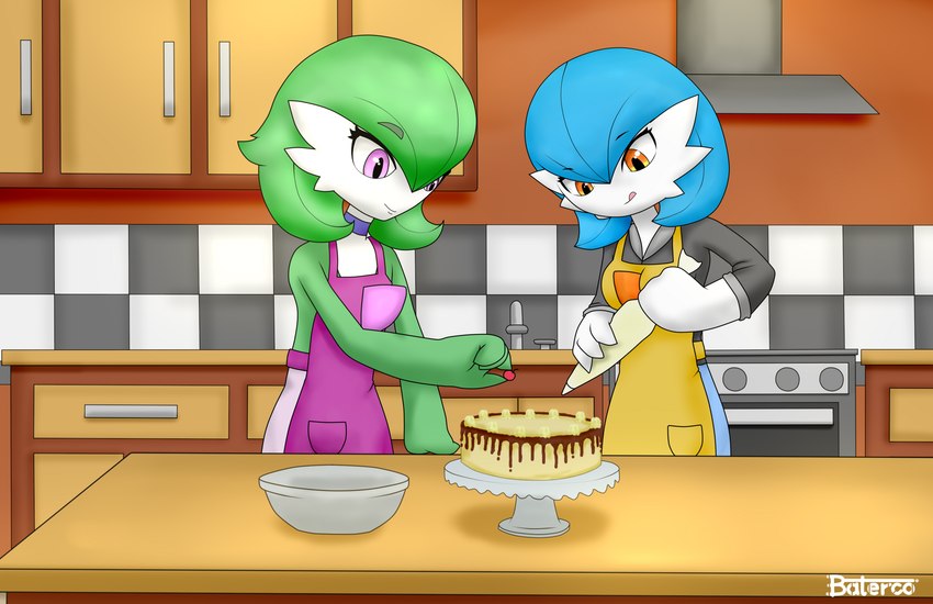 3_fingers apron blue_hair bowl cake cherry choker clothing container cooking dessert detailed_background duo ear_piercing female fingers food fruit green_hair hair jewelry kitchen kitchen_table necklace not_furry orange_eyes pastry pastry_bag piercing plant purple_eyes tongue tongue_out baterco nintendo pokemon lucinda_(baterco) gardevoir generation_3_pokemon humanoid pokemon_(species) shiny_pokemon 2020 hi_res signature