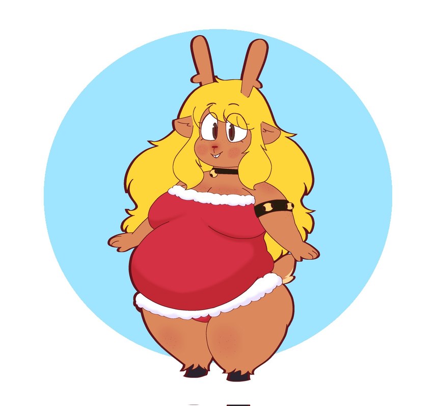 anthro bell bell_armband bell_collar belly big_belly big_breasts big_butt blonde_hair breasts brown_body brown_horn brown_outline brown_tail butt circle_background clothing collar dress ear_tuft female freckled_arms freckled_breasts freckled_face freckles glowing glowing_nose hair holidays hooves horn huge_belly obese obese_anthro obese_female outline overweight overweight_anthro overweight_female panties red_clothing red_dress red_nose red_panties red_underwear santa_dress short_tail smile solo standing tail tuft underwear kevhypep christmas deltarune undertale_(series) noelle_holiday deer mammal new_world_deer reindeer 2024 digital_drawing_(artwork) digital_media_(artwork) hi_res