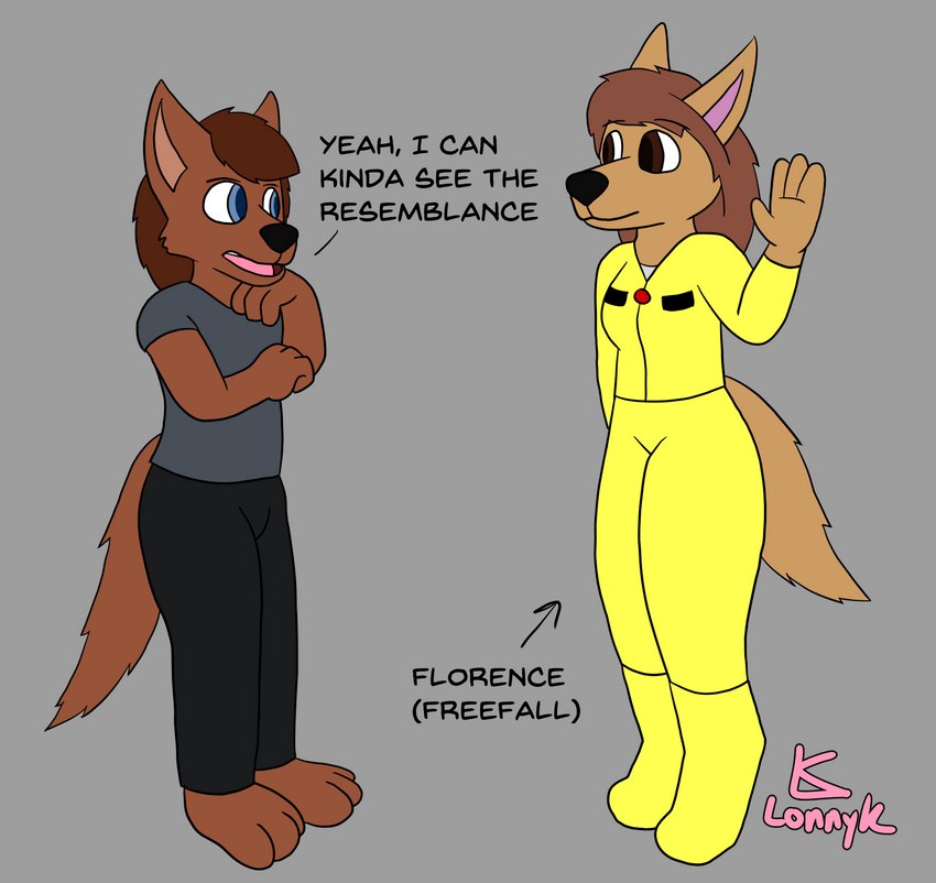 anthro barefoot blue_eyes breasts brown_body brown_fur brown_hair clothed clothing dialogue duo feet female fully_clothed fur gesture hair simple_background tail text waving yellow_clothing lonnyk freefall_(webcomic) florence_ambrose lani_(lonnyk) bowman's_wolf canid mammal english_text hi_res