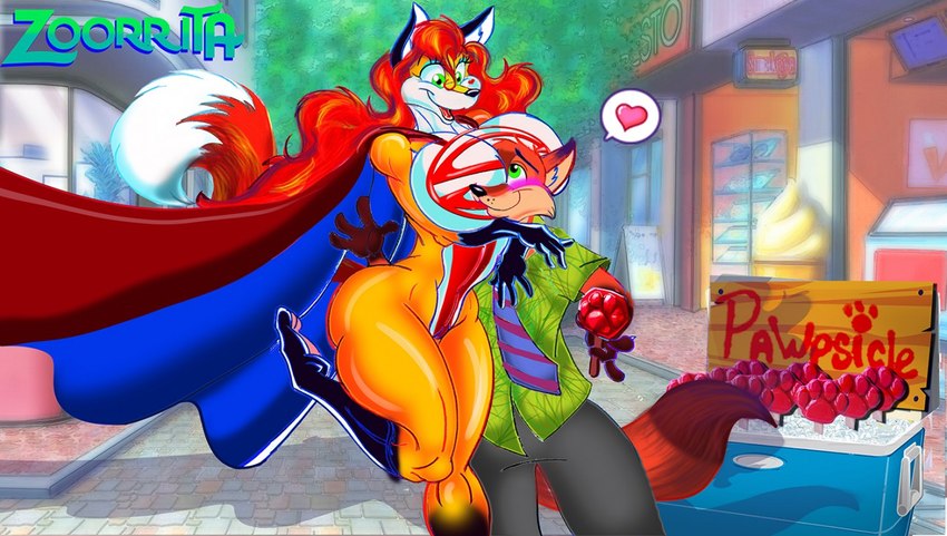 anthro arms_around_neck big_breasts blush breast_smother breast_squish breasts building cape city clothed clothed_anthro clothed_male clothing cuddling day duo female food fully_clothed green_eyes hair half_naked heart_symbol holding_food holding_object holding_popsicle larger_anthro larger_female male mostly_nude mostly_nude_anthro mostly_nude_female muscular muscular_anthro muscular_female necktie pawpsicle popsicle red_hair road shadow sign size_difference skimpy smaller_anthro smaller_male smothering squish superhero superbabsy123 disney zootopia aurora_spencer nick_wilde canid canine fox mammal red_fox true_fox