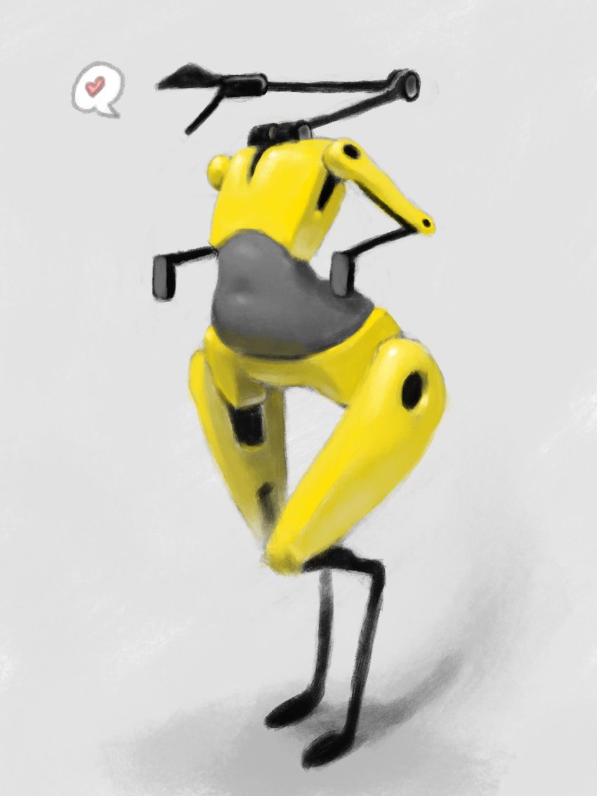 ambiguous_gender anthro biped featureless_chest featureless_crotch featureless_face featureless_feet featureless_hands feet grey_background grey_body heart_reaction machine navel not_furry nude open_mouth paw_pose pose simple_background solo speech_bubble standing three-quarter_view wide_hips yellow_body ciircuit boston_dynamics spotmini humanoid robot robot_humanoid 2021 3:4 full-length_portrait hi_res portrait shaded