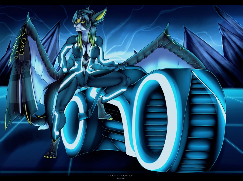 anthro breasts clothed clothing detailed_background female fur hair looking_at_viewer motorcycle paws science_fiction solo vehicle wings dark_guardian_corporation tron mammal digital_media_(artwork) hi_res