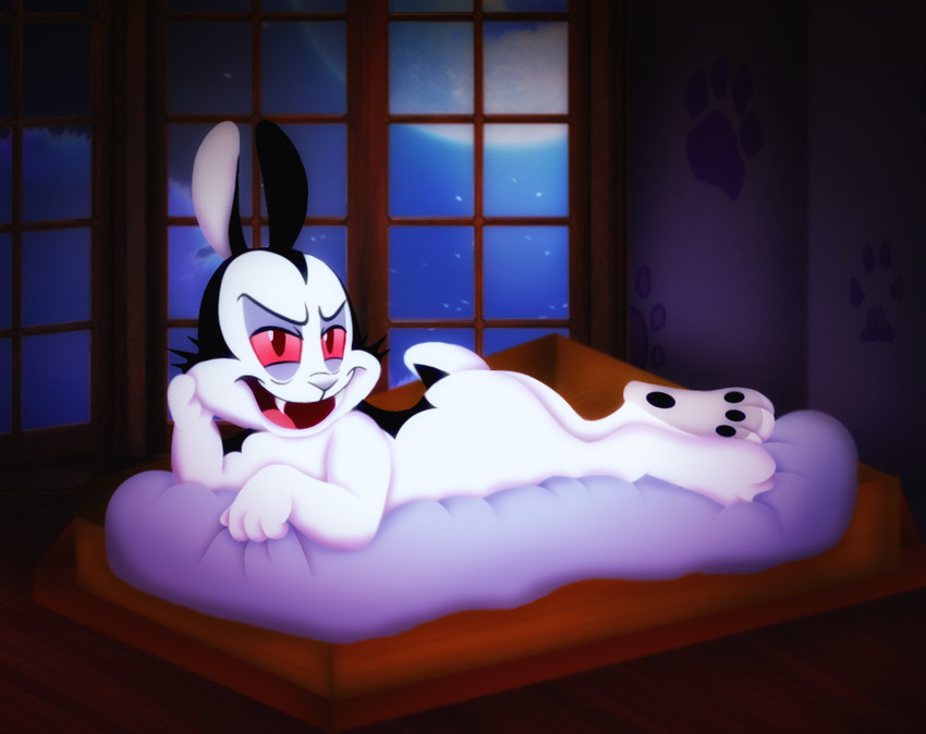 anthro inside lying male moon night on_front open_mouth pawpads paws pink_sclera red_eyes sky solo star starry_sky window amegared bunnicula_(series) bunnicula lagomorph leporid mammal rabbit vampire digital_media_(artwork)