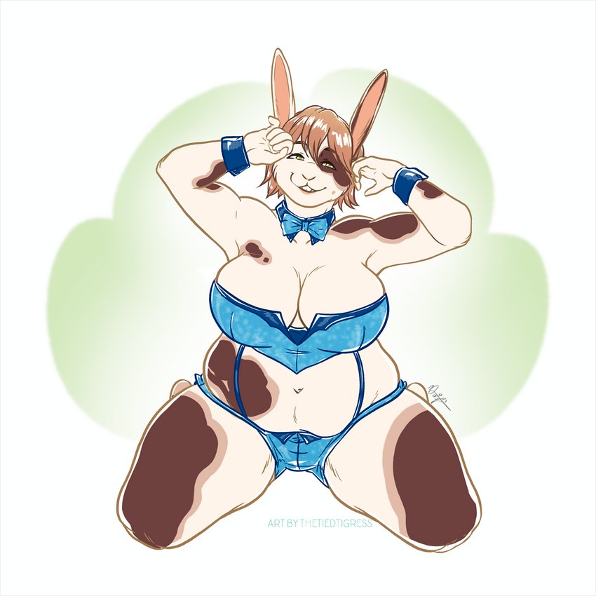 anthro bra breasts brown_hair buckteeth cleavage clothed clothing female fur garter_straps hair lingerie looking_at_viewer overweight overweight_anthro overweight_female panties shirt_collar shirt_cuffs smile solo teeth underwear white_body white_fur thetiedtigress lagomorph leporid mammal rabbit 1:1 hi_res