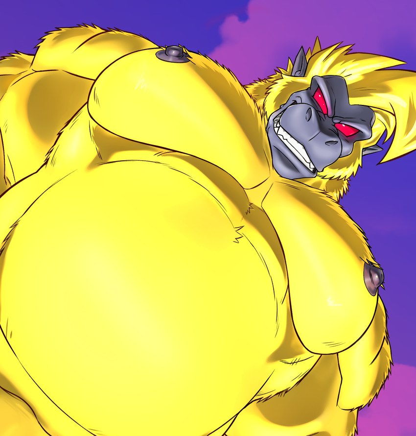 anthro fur looking_at_viewer looking_down looking_down_at_viewer low-angle_view male muscular muscular_male nipples nude pecs red_eyes simple_background smile solo yellow_body yellow_fur seyrmo dragon_ball dragon_ball_gt dragon_ball_z baby_(dragon_ball) baby_vegeta oozaru_baby mammal oozaru primate saiyan 2024 hi_res meme