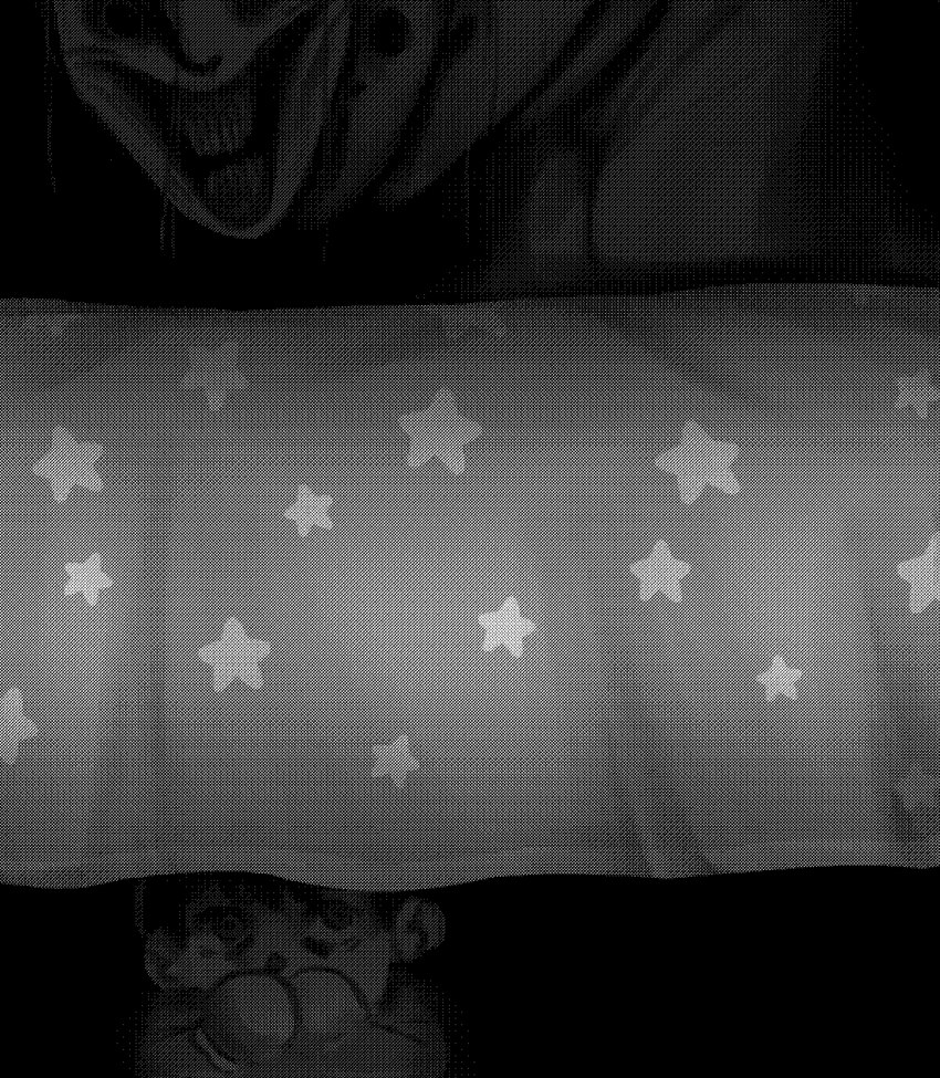 ambiguous_gender bed bed_sheet bedding black_hair duo furniture hair hiding holding_breath horror_(theme) on_bed open_mouth open_smile pupils scared scary smile star_print teeth under_bed flayfright human mammal monster 2024 digital_media_(artwork) greyscale hi_res monochrome