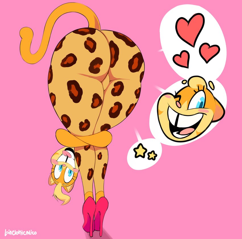 animal_print anthro big_butt bite blonde_hair blue_eyes blush bottomwear buckteeth butt clothing female flexible footwear hair heart_symbol high_heels leopard_print leopard_print_clothing looking_at_viewer looking_back looking_back_at_viewer one_eye_closed pants pink_background shoes simple_background smile smiling_at_viewer solo speech_bubble teeth thick_thighs tight_clothing tongue tongue_bite wide_hips wink yellow_body vimhomeless lilly_(vimhomeless) domestic_cat felid feline felis mammal 2023 absurd_res hi_res