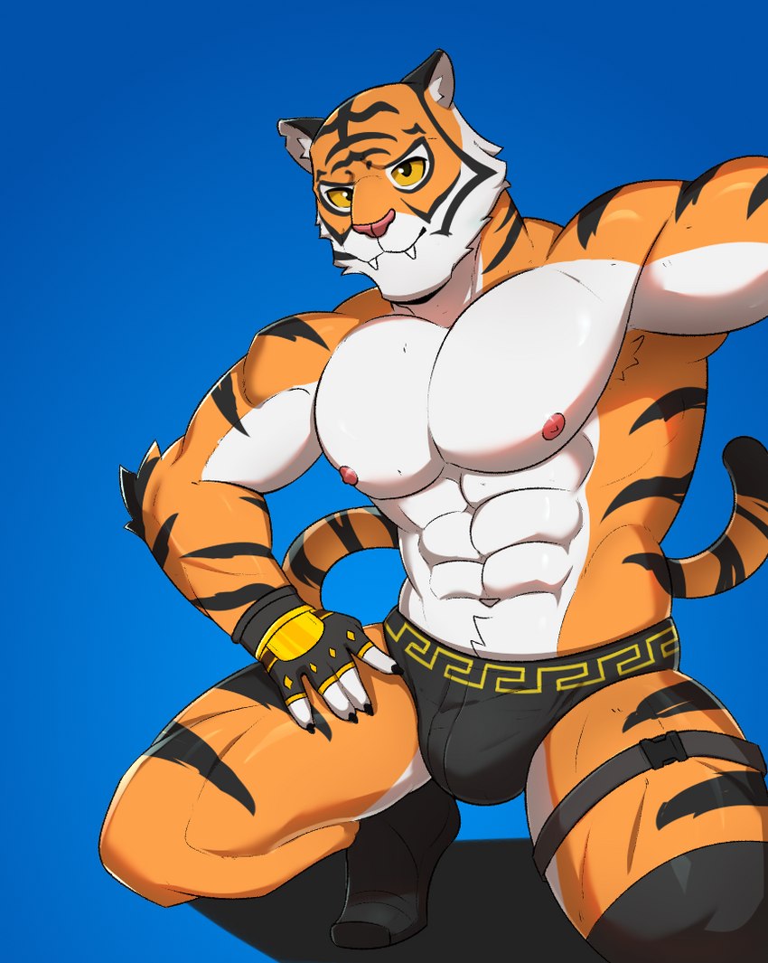 abs anthro biceps black_briefs black_clothing black_underwear briefs brown_body brown_fur brown_stripes clothing fur gloves handwear male muscular muscular_anthro muscular_male nipples orange_body orange_fur pecs solo stripes underwear waterwang epic_games fortnite versace oscar_(fortnite) felid mammal pantherine tiger