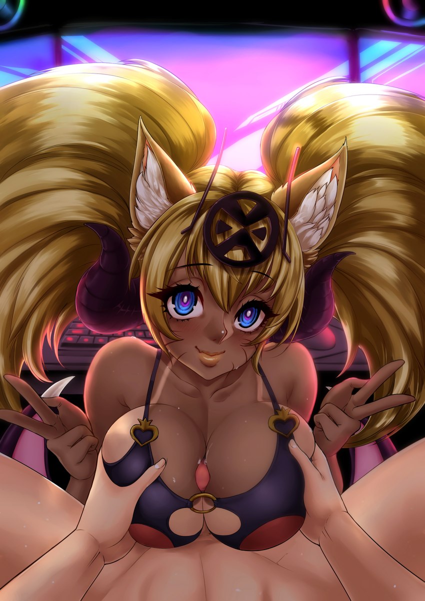 accessory anime_eyes big_breasts blonde_hair blue_eyes blush blushing_at_viewer bodily_fluids bra breast_grab breast_play breast_squeeze breasts cleavage cleavage_cutout cleavage_overflow clothed clothing computer_keyboard computer_monitor cutout duo eyebrow_through_hair eyebrows female first_person_view genitals gesture hair hair_accessory hand_gesture hand_on_breast horn jewelry lips lipstick looking_at_viewer makeup male male/female male_pov markings not_furry pendant penis pigtails pink_eyes rgb_lighting sex sex_while_gaming smile smiling_at_viewer solo_focus squeezing suntan sweat sweatdrop sweaty_breasts tan_line tanned_skin titfuck titfuck_under_clothes translucent translucent_hair underwear v_sign whisker_markings whiskers wings yellow_lips yellow_lipstick jojo218 mythology tina_(vrabo) canid canine human humanoid hybrid mammal mythological_canine mythological_creature succubus werecanid werecanine werecreature werewolf absurd_res hi_res