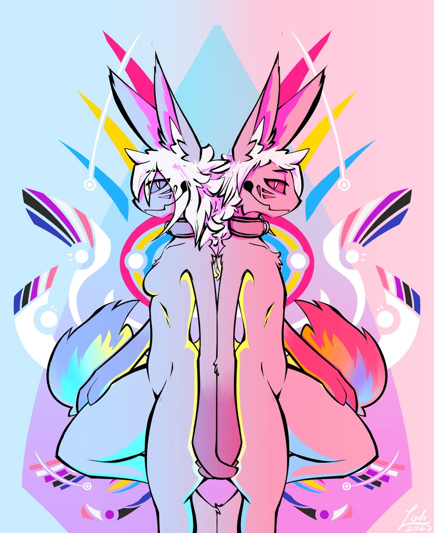 abstract_background anthro back_to_back breasts chest_tuft clone collar collar_only crossgender duo female genderfluid_pride_colors hair hand_holding hand_on_leg hand_on_thigh lgbt_pride long_hair looking_at_viewer male markings nude pansexual_pride_colors pride_color_palette pride_colors small_breasts smile smiling_at_viewer standing tuft white_hair lodi_(artist) lodi_(character) demon absurd_res hi_res restricted_palette