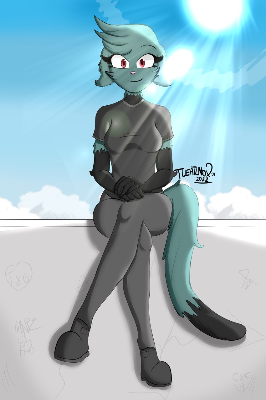 anthro black_body black_clothing black_fur clothing cloud crossed_legs detailed_background female fluffy fur green_body hair humanoid_hands light long_tail looking_at_viewer pink_nose red_eyes short_hair sitting sky smile solo sun sunlight tail firenox1559 tleatlnox59 galia_(tleatlnox59) domestic_cat felid feline felis mammal 2:3 absurd_res hi_res