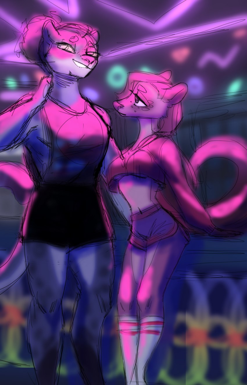 anthro blush breasts clothing duo female footwear hand_on_neck markings neon_lights roller_rink socks spots spotted_body under_boob sheol_(artist) crowbar_(sheol) helena_(bonk6) hyena mammal 9:14 absurd_res hi_res