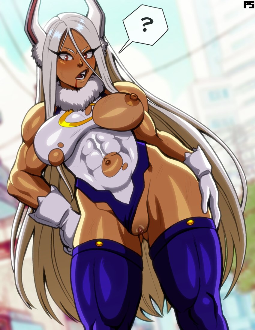 abs areola balls biceps blood blue_clothing blue_legwear blue_leotard blue_thigh_highs blurred_background blush bodily_fluids breasts brown_areola brown_balls brown_body brown_nipples brown_skin clitoral_hood clitoris clothed clothed_female clothed_humanoid clothing contrapposto deltoids eyebrows eyelashes female female_humanoid genitals gloves hair half-erect hand_on_hip handwear humanoid_genitalia humanoid_pussy legwear leotard logo long_eyelashes long_hair low-angle_view multicolored_clothing multicolored_leotard muscular muscular_female muscular_humanoid navel nipples one_breast_out penis pink_inner_ear pussy question_mark red_tongue solo speech_bubble teeth thigh_highs tongue torn_clothing torn_leotard two_tone_clothing two_tone_leotard wardrobe_malfunction white_clothing white_ears white_eyebrows white_gloves white_hair white_handwear white_leotard pumpkinsinclair my_hero_academia rumi_usagiyama animal_humanoid humanoid lagomorph lagomorph_humanoid leporid_humanoid mammal mammal_humanoid rabbit_humanoid 2024 absurd_res artist_logo hi_res