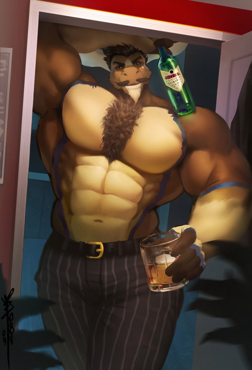 abs anthro beverage biceps body_hair chest_hair male muscular muscular_anthro muscular_male pecs solo dalluwn diffuse_moose deer mammal moose new_world_deer hi_res